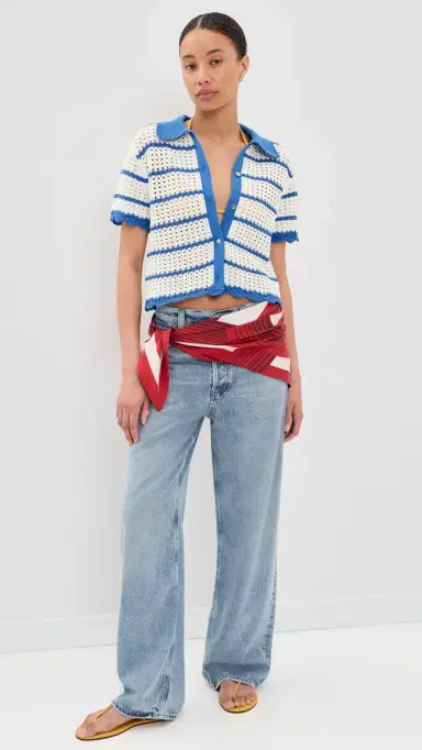 ALICE + OLIVIA Randall Pointelle Polo Cardigan Blue Iris/White | Thumbnail 5