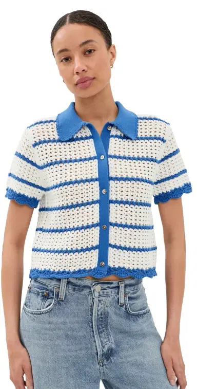 ALICE + OLIVIA Randall Pointelle Polo Cardigan Blue Iris/White | Thumbnail 1