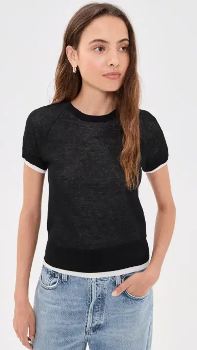 Vince Double Layer Crew Tee Black/Off White | Thumbnail 2 Vince Double Layer Crew Tee Black/Off White | Thumbnail 2