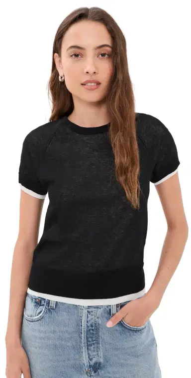 Vince Double Layer Crew Tee Black/Off White | Thumbnail 1 Vince Double Layer Crew Tee Black/Off White | Thumbnail 1