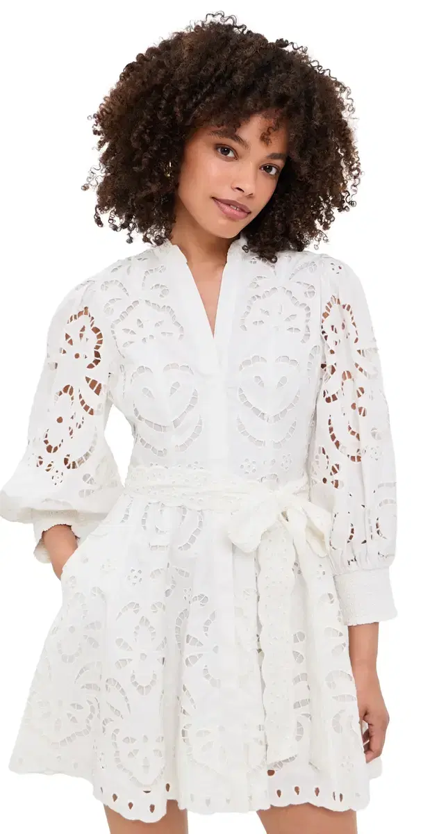 Lucy Embroidered Long Sleeve Mini Shirt Dress Off White