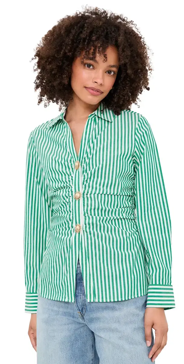 Carayln Button Down Top Emerald tripe