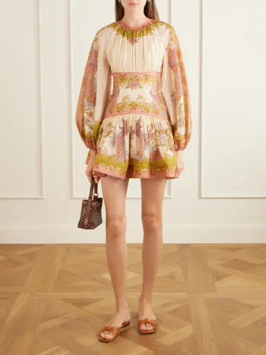 Zimmermann Indra Gathered Floral-print Metallic Cotton And Silk-blend Chartreuse Mini Dress | Thumbnail 2