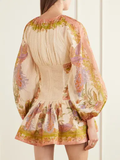 Zimmermann Indra Gathered Floral-print Metallic Cotton And Silk-blend Chartreuse Mini Dress | Thumbnail 3
