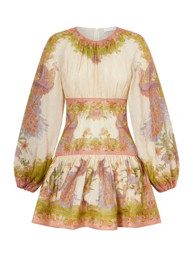 Zimmermann Indra Gathered Floral-print Metallic Cotton And Silk-blend Chartreuse Mini Dress | Thumbnail 1