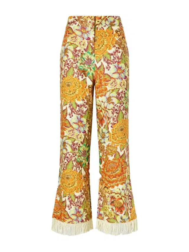 Lana Fringed Floral-print Linen Flared Pants
