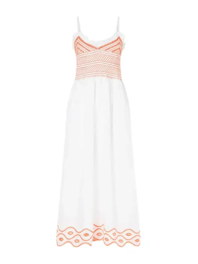 Loretta Caponi Bianca Ruffled Emrboidered Shirred Cotton-poplin Midi Dress
