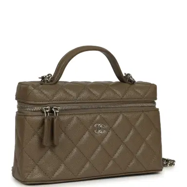 Chanel Chanel Chevron Top Handle Long Vanity Case with Chain Dark Khaki Shiny Caviar Silver Hardware | Thumbnail 2