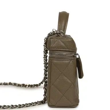 Chanel Chanel Chevron Top Handle Long Vanity Case with Chain Dark Khaki Shiny Caviar Silver Hardware | Thumbnail 3