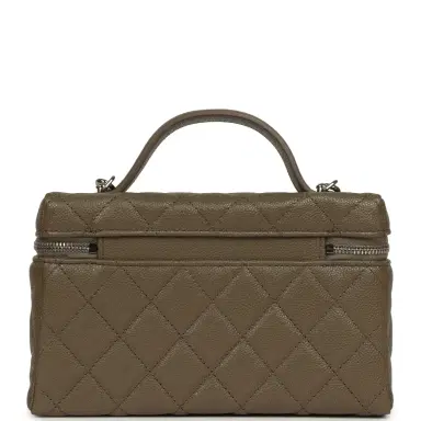 Chanel Chanel Chevron Top Handle Long Vanity Case with Chain Dark Khaki Shiny Caviar Silver Hardware | Thumbnail 4