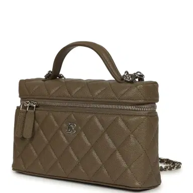 Chanel Chanel Chevron Top Handle Long Vanity Case with Chain Dark Khaki Shiny Caviar Silver Hardware | Thumbnail 5