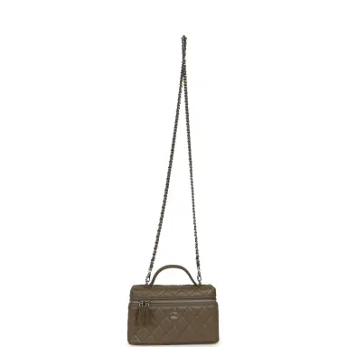 Chanel Chanel Chevron Top Handle Long Vanity Case with Chain Dark Khaki Shiny Caviar Silver Hardware | Thumbnail 7