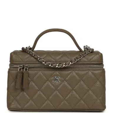 Chanel Chanel Chevron Top Handle Long Vanity Case with Chain Dark Khaki Shiny Caviar Silver Hardware | Thumbnail 1