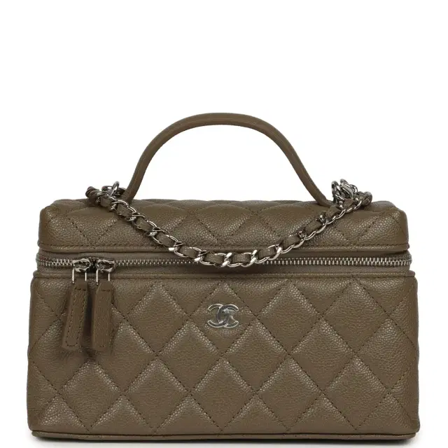 Chanel Chevron Top Handle Long Vanity Case with Chain Dark Khaki Shiny Caviar Silver Hardware