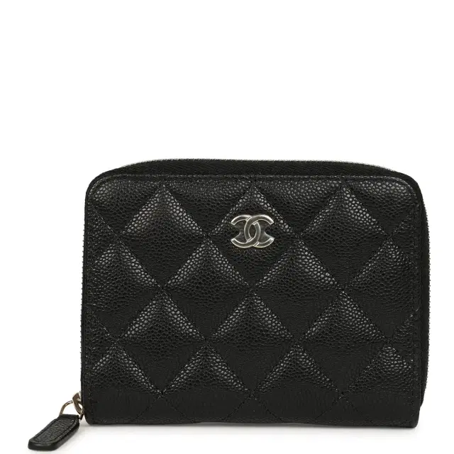 Chanel Classic Zipped Coin Purse Wallet Black Shiny Caviar Light Gold Hardware
