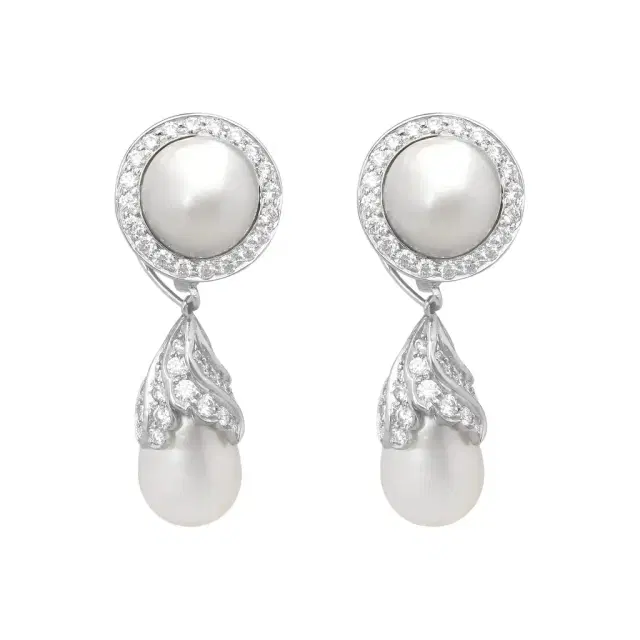 Goshwara G-One Platinum 18K Yellow Gold Natural Pearl & Diamond Drop Earrings by The Solist