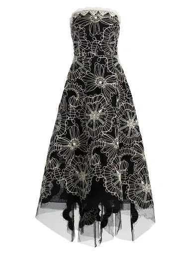 Teri Jon by Rickie Freeman Women's Embroidered High-Low Tea-Length Dress - Black Ivory - Size 14 | Thumbnail 1 Teri Jon by Rickie Freeman Women's Embroidered High-Low Tea-Length Dress - Black Ivory - Size 14 | Thumbnail 1