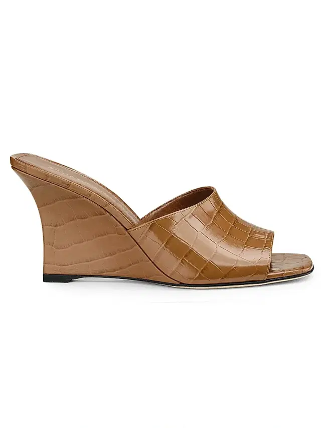 Stuart Weitzman Women's Vinnie 85MM Crocodile-Embossed Leather Wedge Mules - Doe