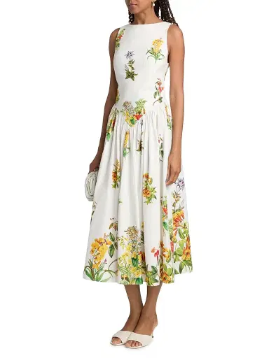 Hemant & Nandita Women's Botanical Print Stretch-Cotton Midi-Dress - White - Size XL | Thumbnail 4 Hemant & Nandita Women's Botanical Print Stretch-Cotton Midi-Dress - White - Size XL | Thumbnail 4
