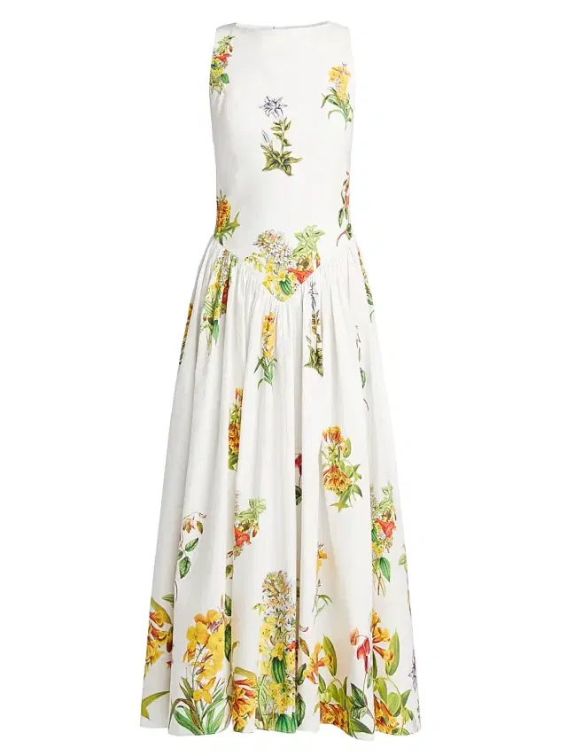 Hemant & Nandita Women's Botanical Print Stretch-Cotton Midi-Dress - White