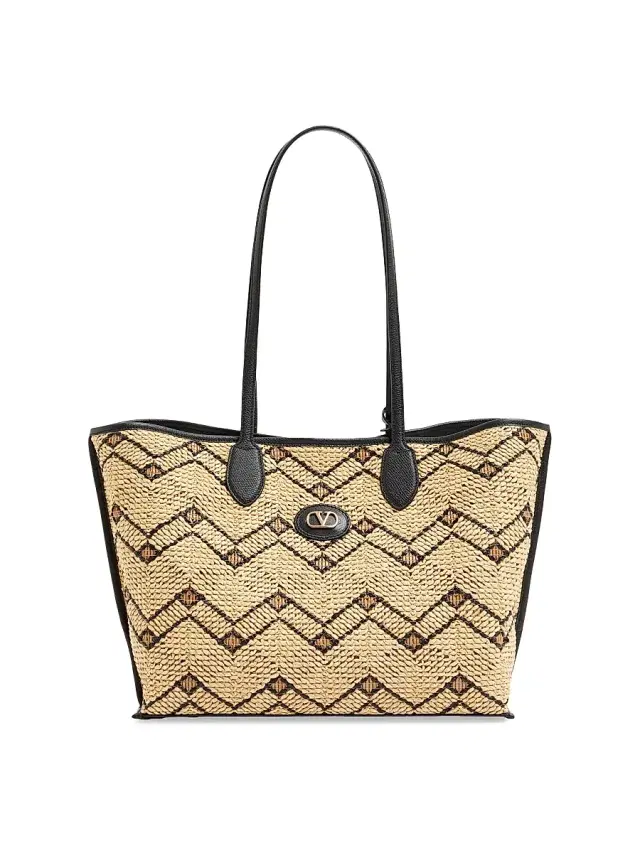 Valentino Garavani Women's Raffia Tote Bag with Geometric Pattern - Natural Black