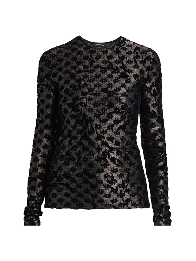 Women's Floral Metallic Burnout Top - Dark Navy