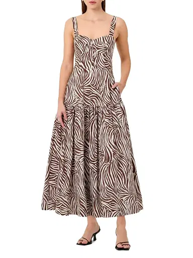 NICHOLAS Women's Valeria Zebra-Print Linen-Blend Midi-Dress | Thumbnail 3