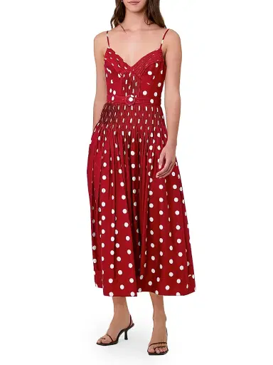NICHOLAS Women's Mireille Belted Polka Dot Linen-Blend Midi-Dress - Crimson Polka Dot | Thumbnail 2