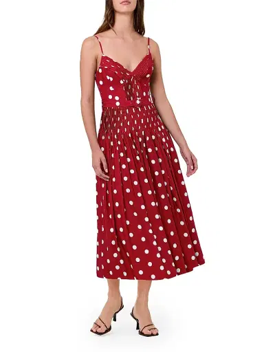 NICHOLAS Women's Mireille Belted Polka Dot Linen-Blend Midi-Dress - Crimson Polka Dot | Thumbnail 3