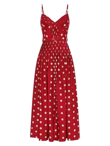 NICHOLAS Women's Mireille Belted Polka Dot Linen-Blend Midi-Dress - Crimson Polka Dot | Thumbnail 1