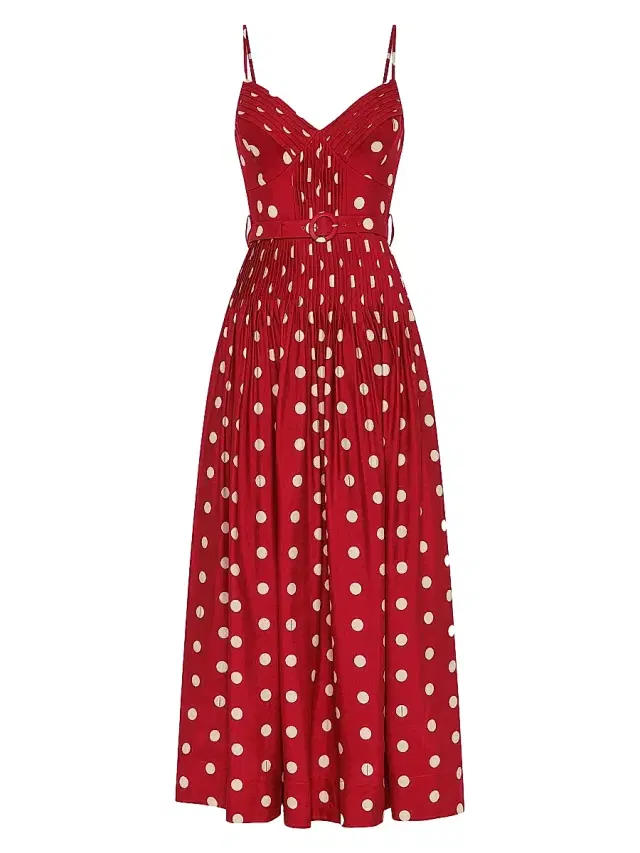 NICHOLAS Women's Mireille Belted Polka Dot Linen-Blend Midi-Dress - Crimson Polka Dot