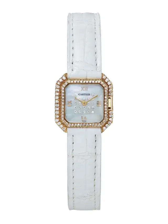 Stephanie Windsor + Cartier Vintage 1980s Mini Ceinture 20mm 18-karat Gold, Diamond, Mother-of-pearl And Leather Watch (fits Up To 6'' Wrist)
