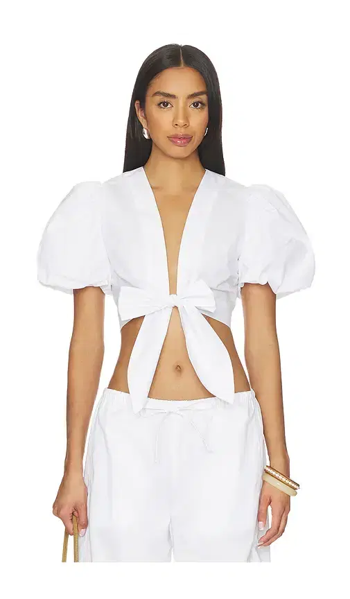 Poplin Bubble Sleeve Tie Front Top