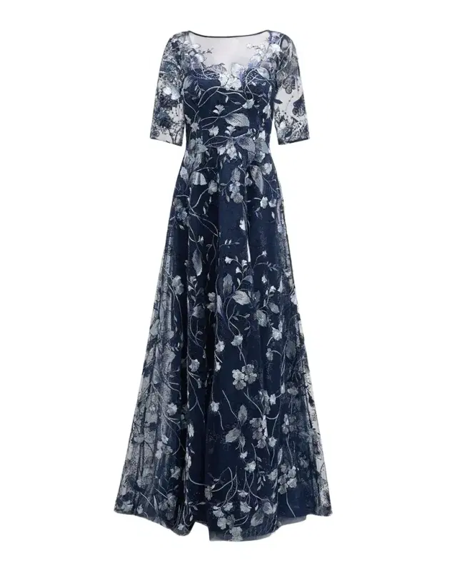 Rickie Freeman for Teri Jon Metallic Embroidered Tulle Gown
