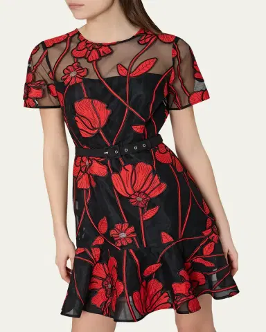 Milly Rosie Belted Floral-Embroidered Mini Dress | Thumbnail 4 Milly Rosie Belted Floral-Embroidered Mini Dress | Thumbnail 4