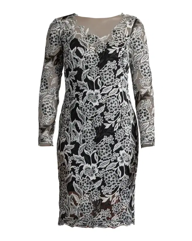 Floral-Embroidered Illusion Midi Dress
