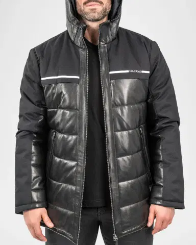 Maceoo Men's Hybrid Leather Hooded Bomber Jacket | Thumbnail 3