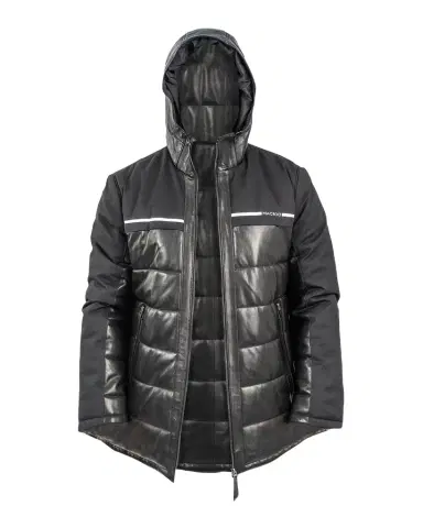 Maceoo Men's Hybrid Leather Hooded Bomber Jacket | Thumbnail 1
