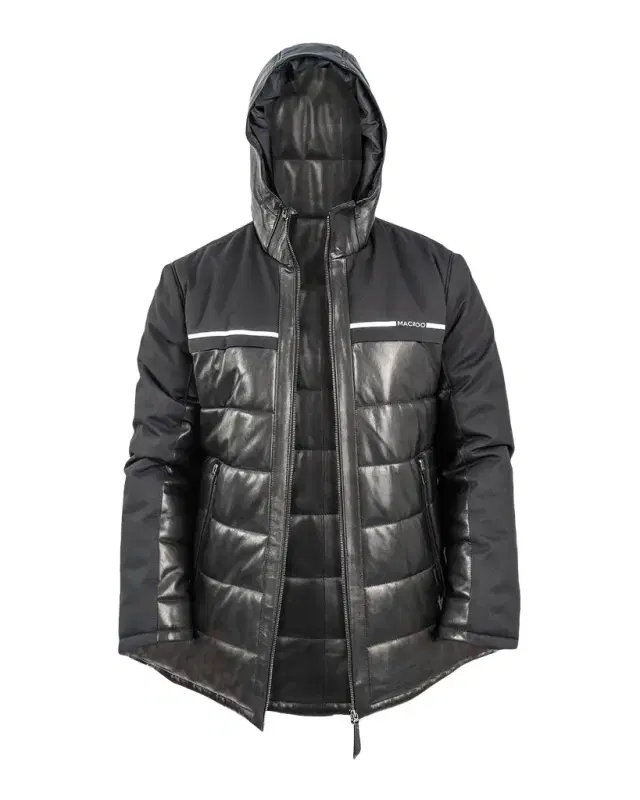 Men 's Hybrid Leather Hooded Bomber Jacket