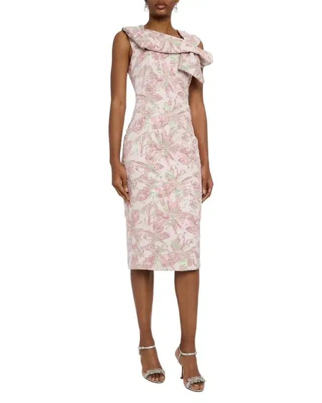 Badgley Mischka Collection Bow-Front Metallic Jacquard Midi Sheath Dress