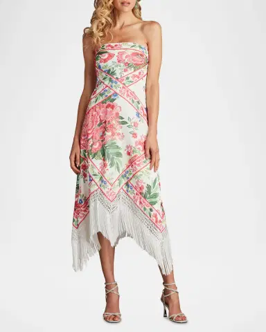 Tadashi Shoji Strapless Floral-Print Fringe Midi Dress | Thumbnail 2 Tadashi Shoji Strapless Floral-Print Fringe Midi Dress | Thumbnail 2