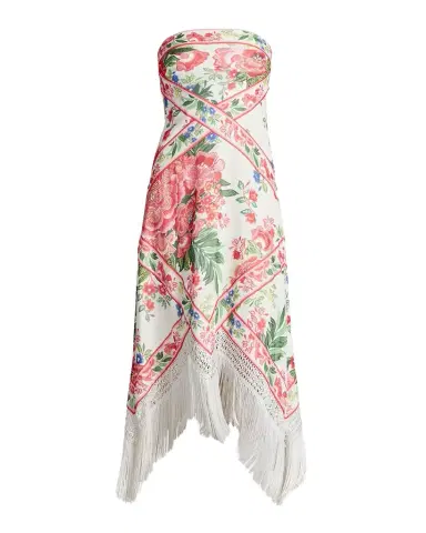 Tadashi Shoji Strapless Floral-Print Fringe Midi Dress | Thumbnail 1 Tadashi Shoji Strapless Floral-Print Fringe Midi Dress | Thumbnail 1