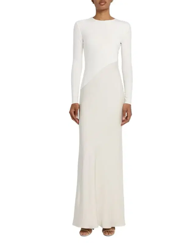 Asymmetric Mixed-Media Long-Sleeve Gown