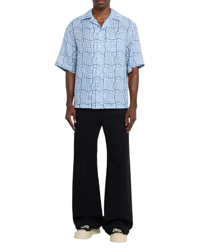 Men 's Linen Wavy Grid Plaid Short-Sleeve Shirt