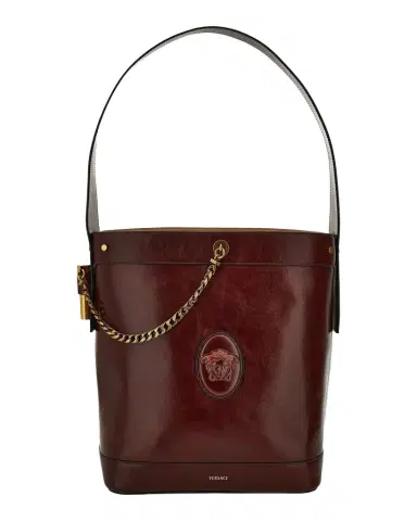 Versace Pivot Large Leather Bucket Bag with Chain | Thumbnail 1 Versace Pivot Large Leather Bucket Bag with Chain | Thumbnail 1