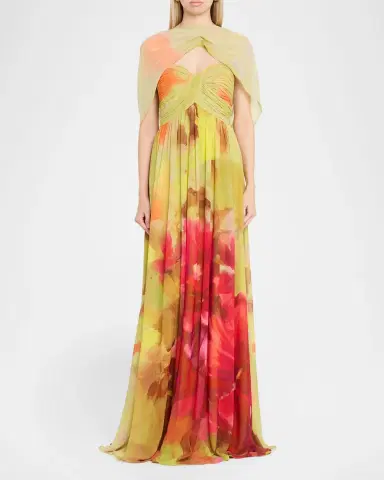 BADGLEY MISCHKA Draped Floral-Print Georgette Gown | Thumbnail 2 BADGLEY MISCHKA Draped Floral-Print Georgette Gown | Thumbnail 2