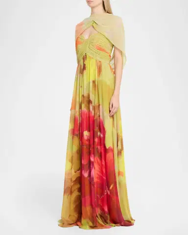 BADGLEY MISCHKA Draped Floral-Print Georgette Gown | Thumbnail 4 BADGLEY MISCHKA Draped Floral-Print Georgette Gown | Thumbnail 4