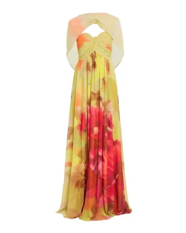 Badgley Mischka Draped Floral-Print Georgette Gown
