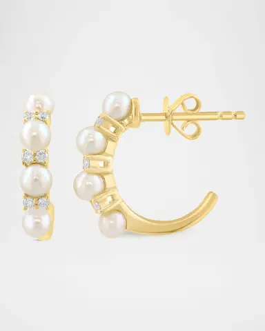Neiman Marcus 18K Yellow Gold Diamond and Pearl Mini Hoop Earrings | Thumbnail 3