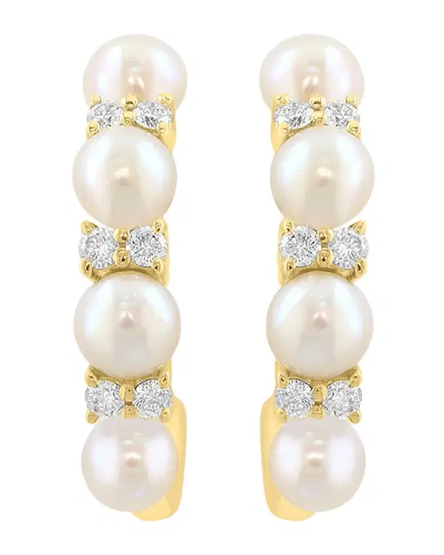 18K Yellow Gold Diamond and Pearl Mini Hoop Earrings